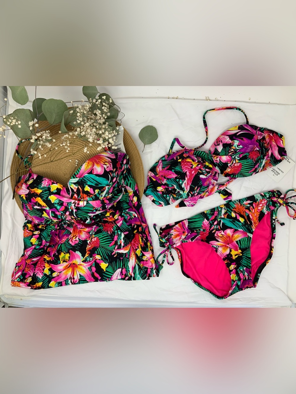 Kenneth Cole Reaction Tropical Floral Bikini Set - Black, Pink & Green